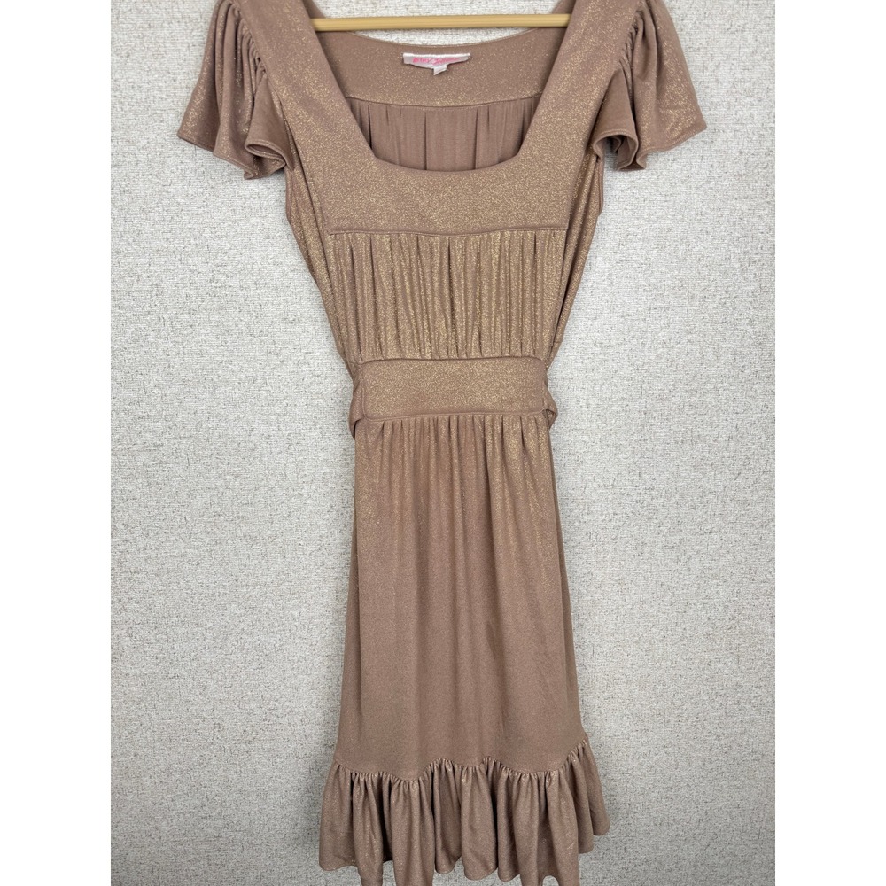 Vintage Betsey Johnson Gold Metallic Milkmaid Dress Y2K Fairycore Ruffle Hem P
